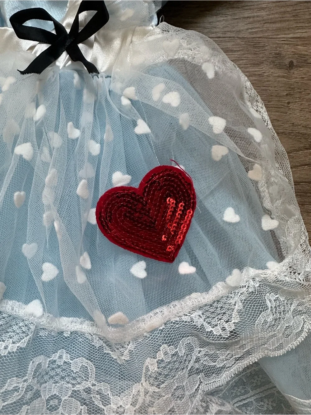 Alice in Wonderland Blue Heart Lace Kids Costume Dress Black Bow Accents